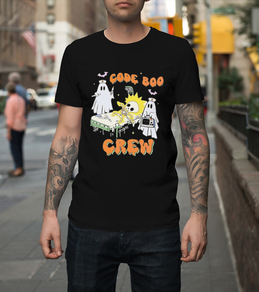 Code Boo Crew Halloween Ghost Nurse Skeleton Scene T-Shirt