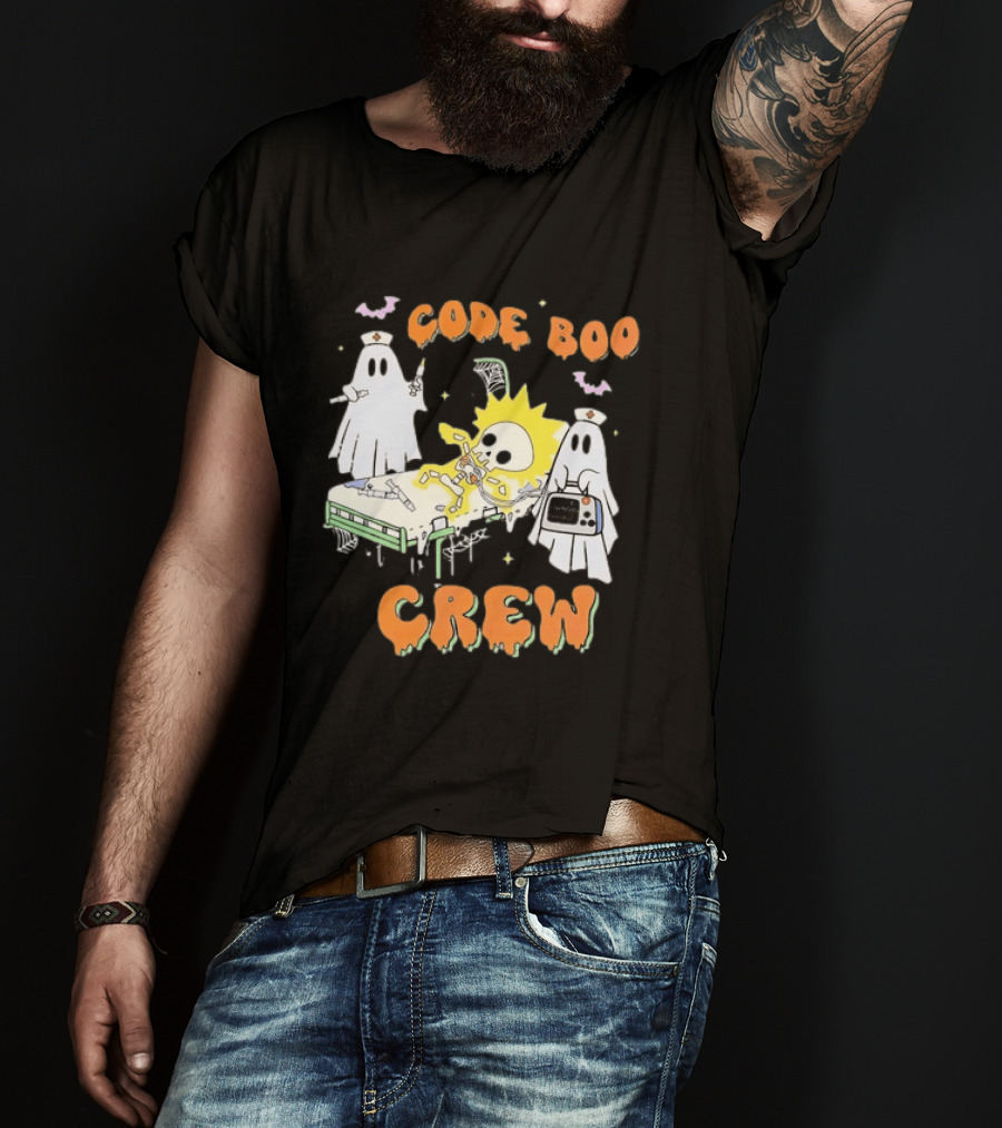 Code Boo Crew Halloween Ghost Nurse Skeleton Scene T-Shirt