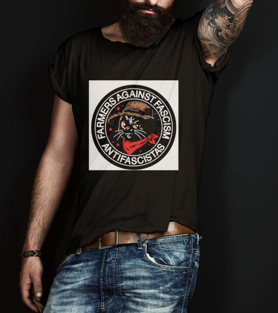 Farmers Against Fascism Antifascistas Cat Straw Hat Red Bandana T-Shirt