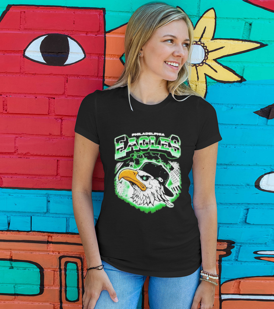Philadelphia Eagles Mascot With Baseball Cap And City Skyline T-Shirt