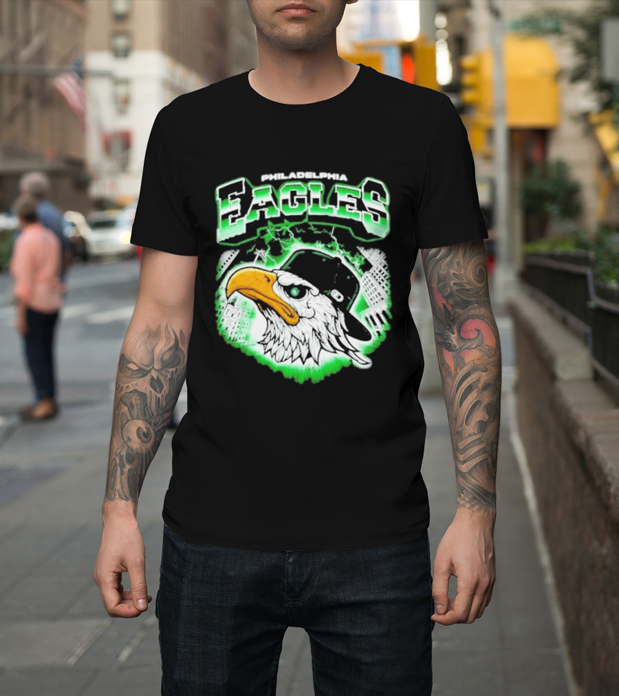 Philadelphia Eagles Mascot With Baseball Cap And City Skyline T-Shirt