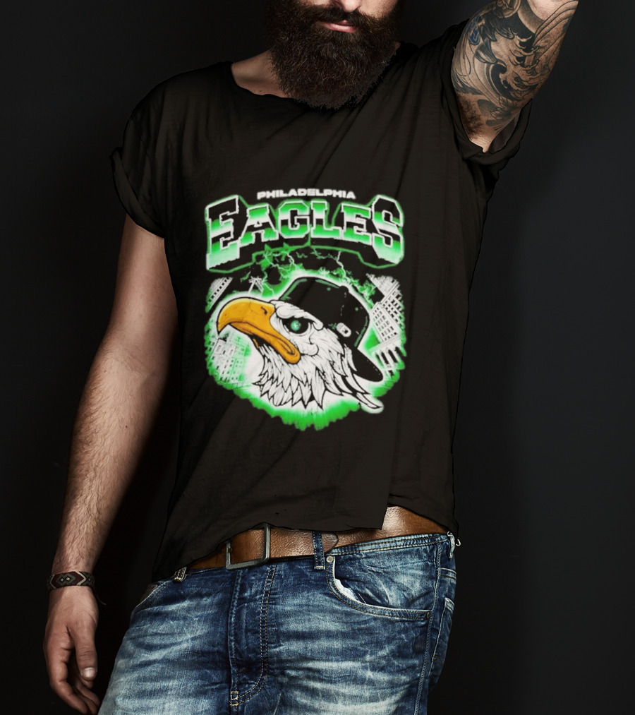 Philadelphia Eagles Mascot With Baseball Cap And City Skyline T-Shirt
