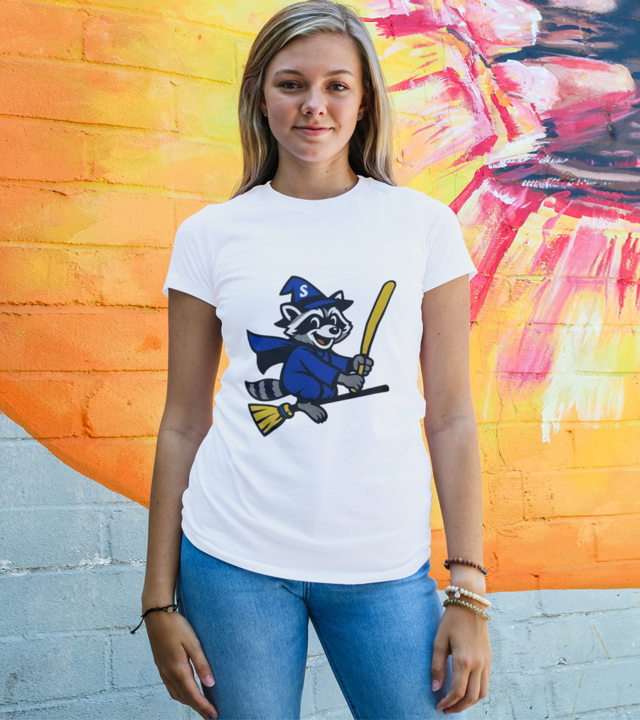 Seattle Mariners Jimothy The Etsy Witch Raccoon Flying Broomstick T-Shirt