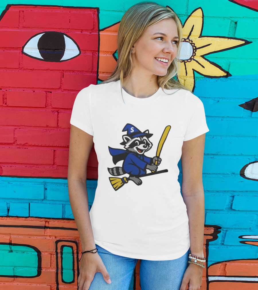 Seattle Mariners Jimothy The Etsy Witch Raccoon Flying Broomstick T-Shirt