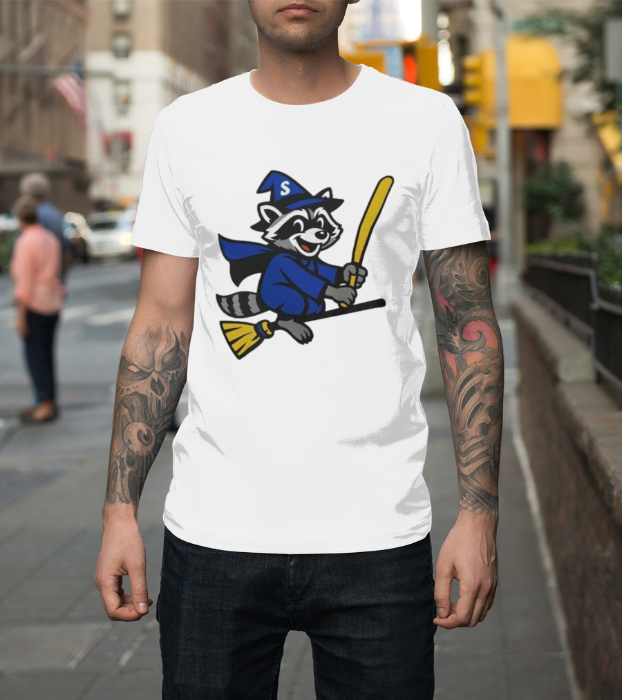 Seattle Mariners Jimothy The Etsy Witch Raccoon Flying Broomstick T-Shirt