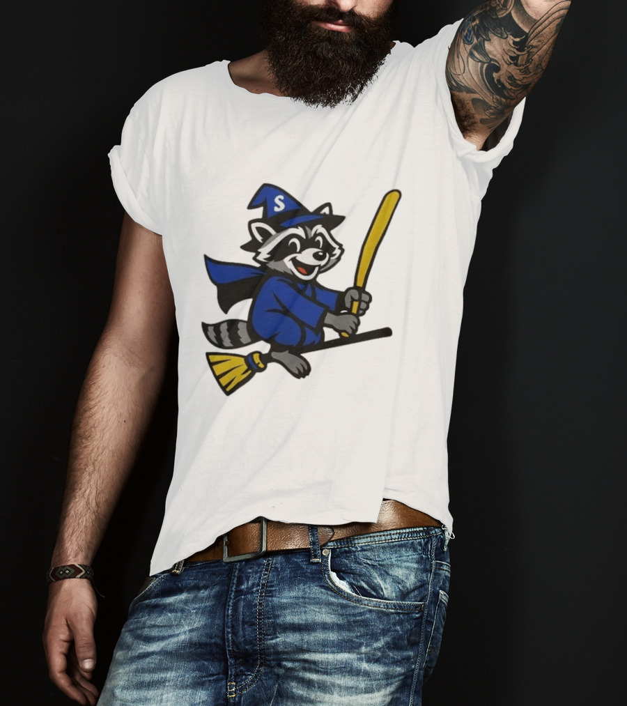 Seattle Mariners Jimothy The Etsy Witch Raccoon Flying Broomstick T-Shirt