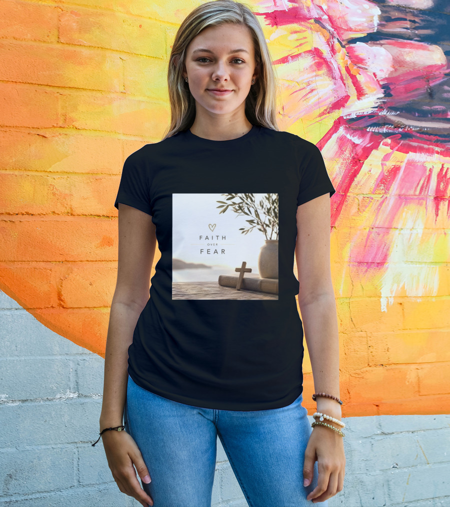 Faith Over Fear Christian Cross Heart With Bible And Olive Branches T-Shirt