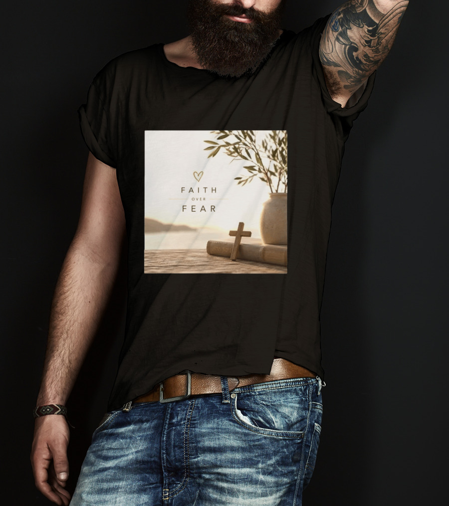 Faith Over Fear Christian Cross Heart With Bible And Olive Branches T-Shirt