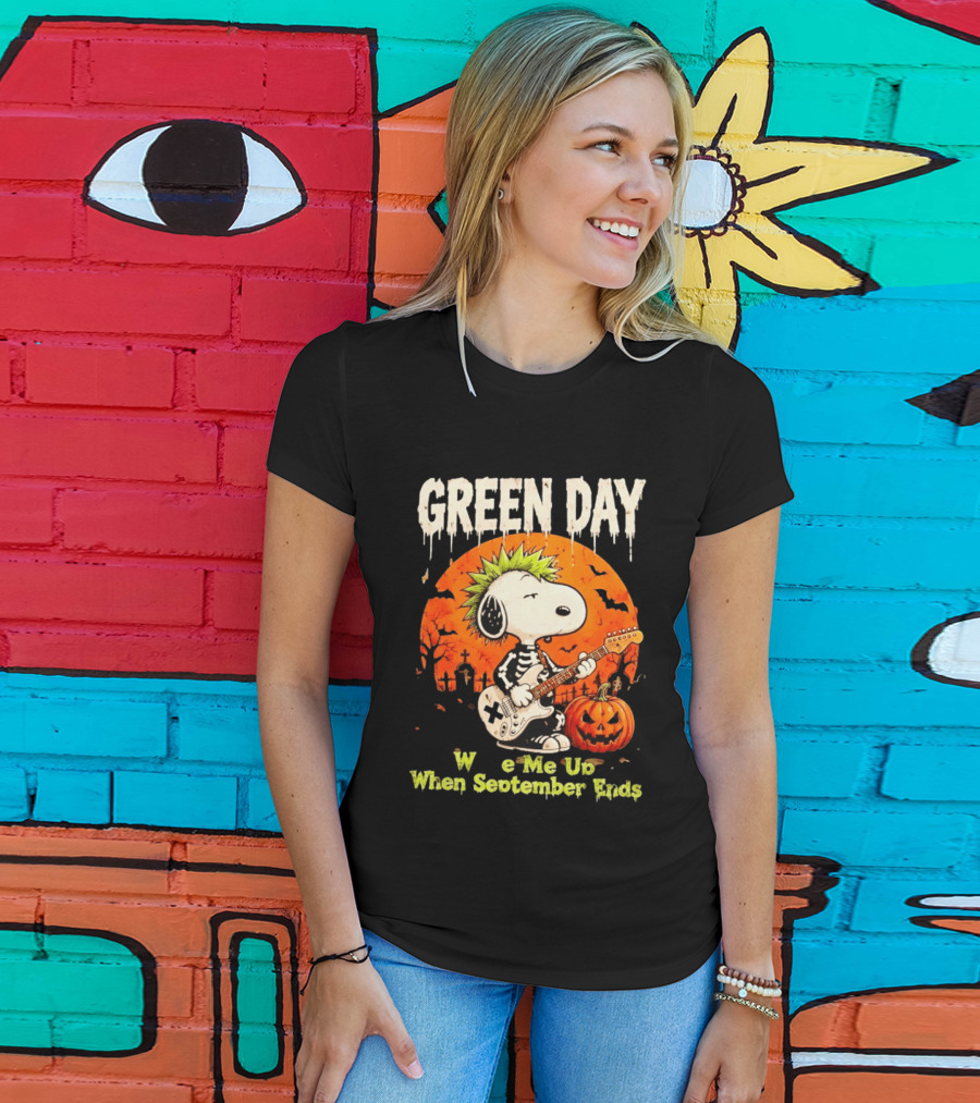 Green Day Snoopy Skeleton Guitar Wake Me Up When September Ends Halloween Pumpkin T-Shirt