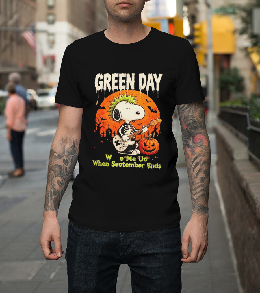 Green Day Snoopy Skeleton Guitar Wake Me Up When September Ends Halloween Pumpkin T-Shirt