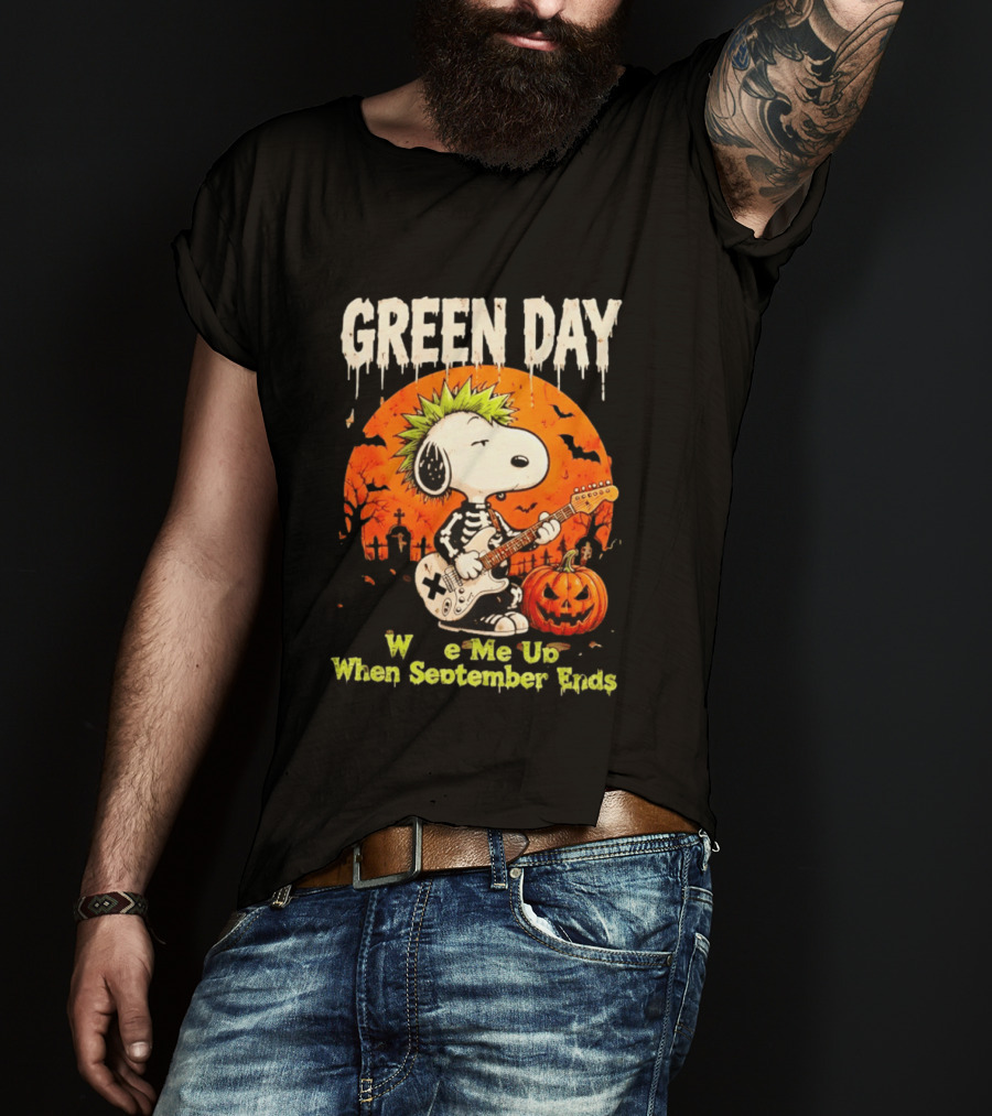 Green Day Snoopy Skeleton Guitar Wake Me Up When September Ends Halloween Pumpkin T-Shirt