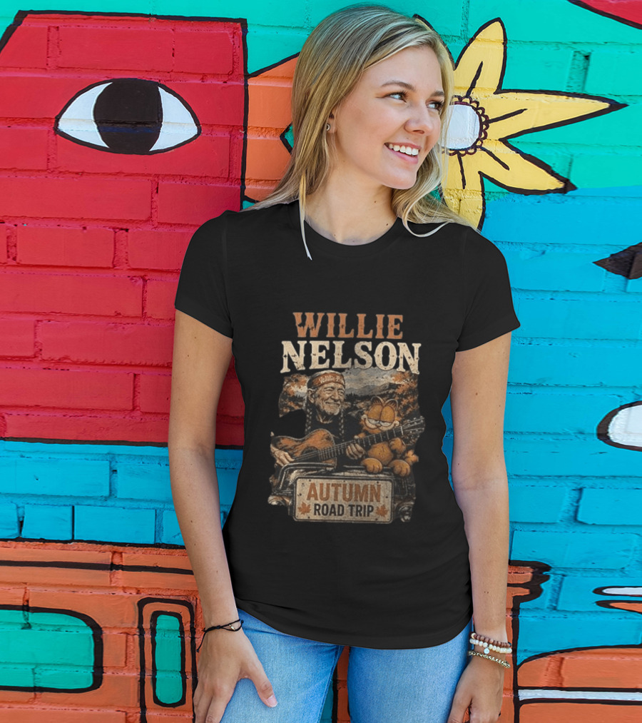 Willie Nelson Autumn Road Trip With Orange Cat T-Shirt