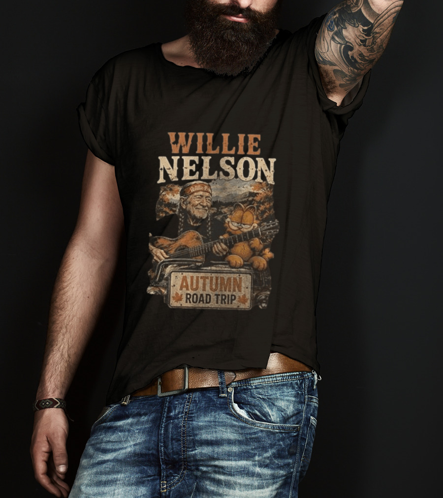 Willie Nelson Autumn Road Trip With Orange Cat T-Shirt