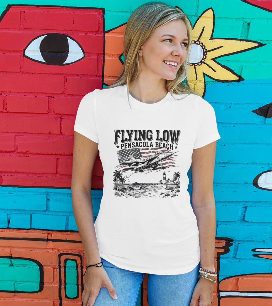 Flying Low Pensacola Beach American Flag Fighter Jet Scenic Beach View T-Shirt