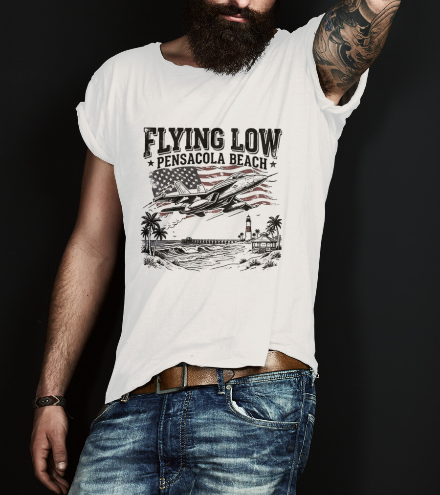 Flying Low Pensacola Beach American Flag Fighter Jet Scenic Beach View T-Shirt