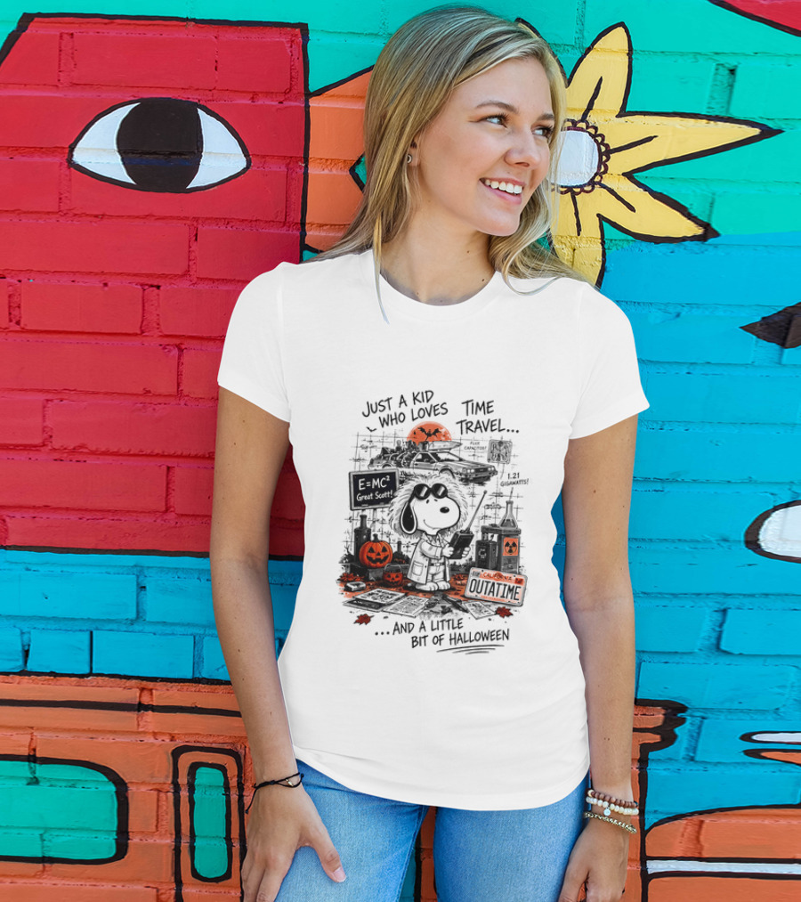 Snoopy Just A Kid Who Loves Time Travel Halloween Pumpkin Scene T-Shirt