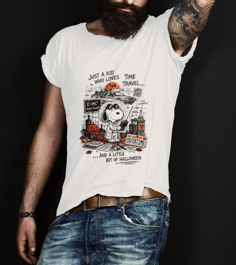Snoopy Just A Kid Who Loves Time Travel Halloween Pumpkin Scene T-Shirt