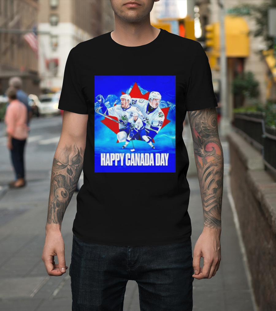 Abbotsford Canucks Happy Canada Day Celebration Collage With Hockey Players And Maple Leaf T-Shirt