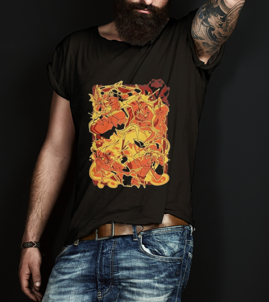 Helluva Boss Satan Characters In Fiery Yellow And Red T-Shirt