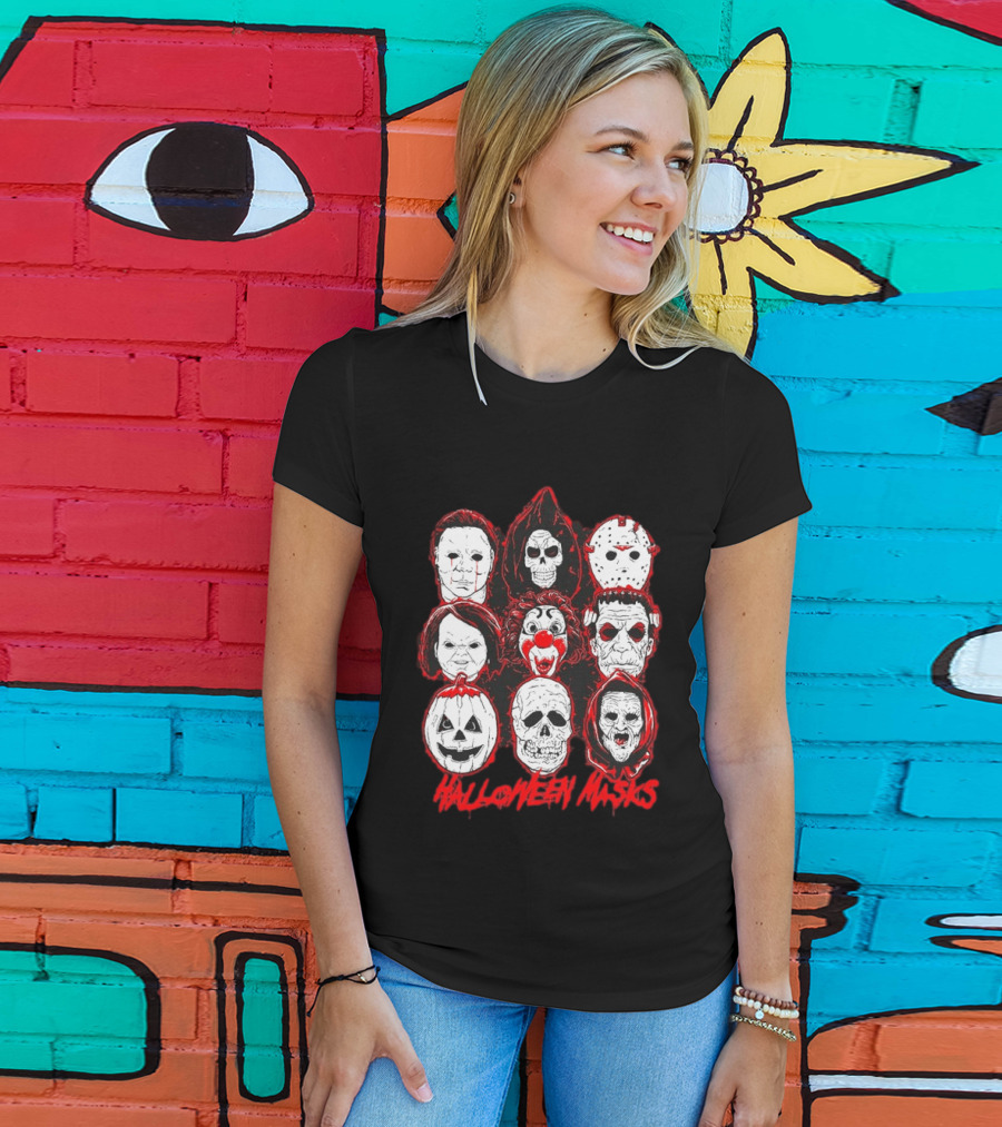 Horror Movie Characters Halloween Masks Skeleton Clown Jack O' Lantern T-Shirt