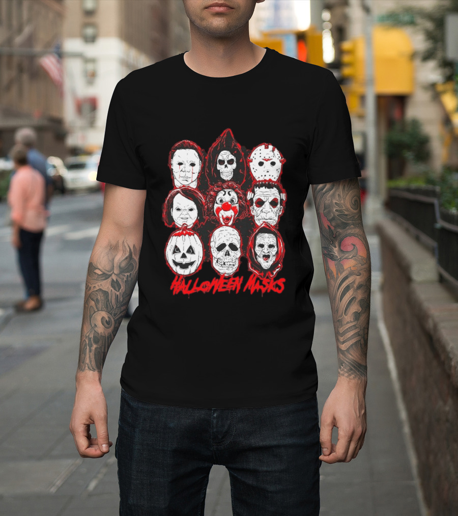 Horror Movie Characters Halloween Masks Skeleton Clown Jack O' Lantern T-Shirt