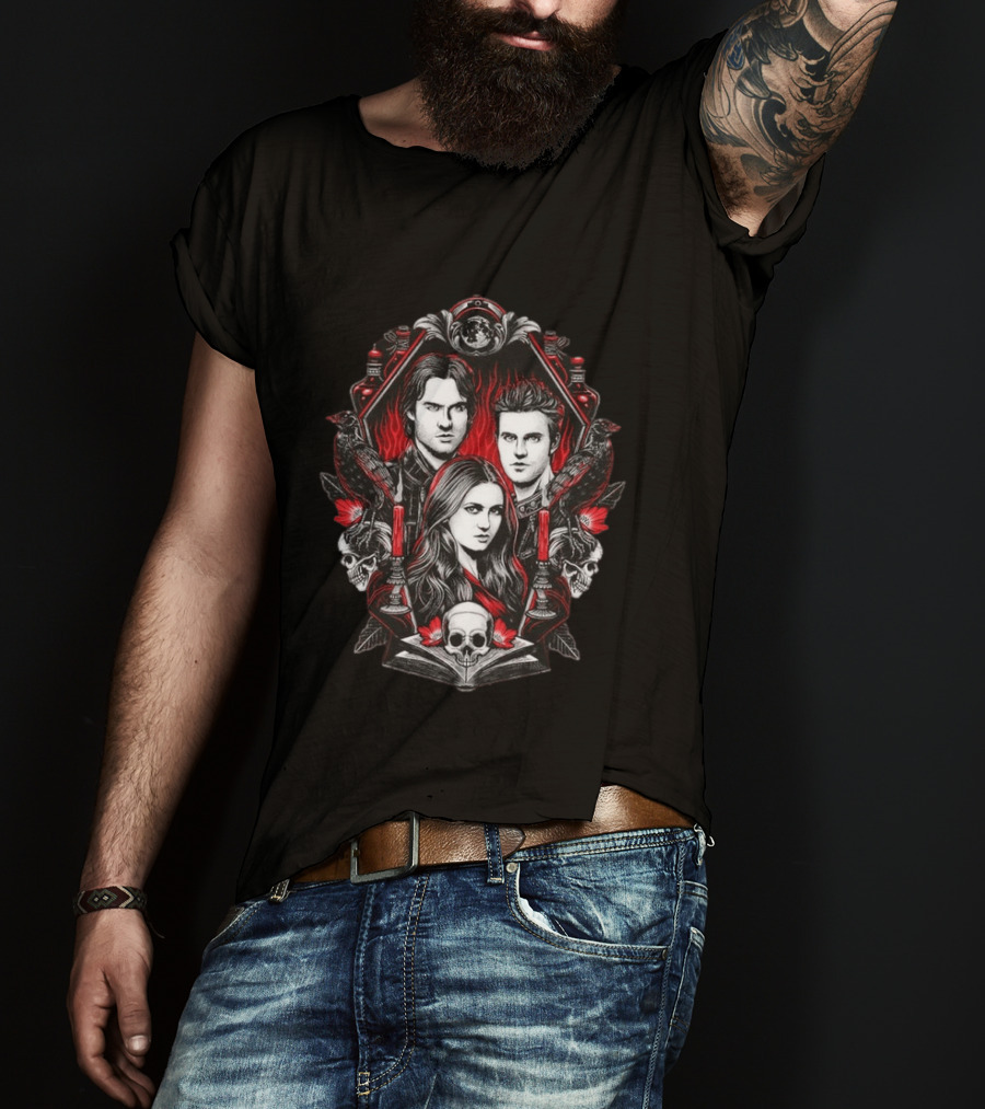 Vampire Blood The Vampire Diaries Damon Salvatore Stefan Salvatore Elena Gilbert Skull Candle Ravens T-Shirt
