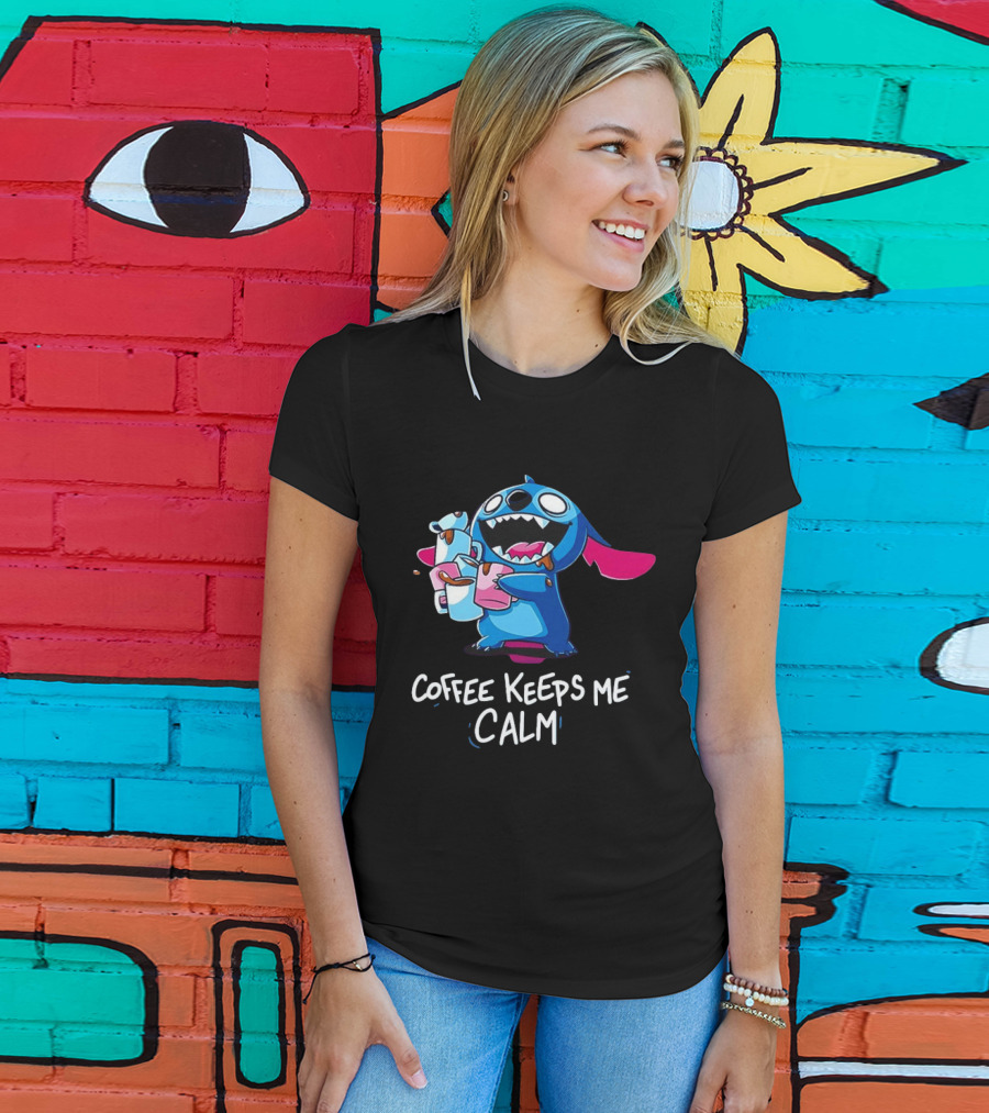 Stitch Coffee Keeps Me Calm Cute Character Drinking Coffee T-Shirt