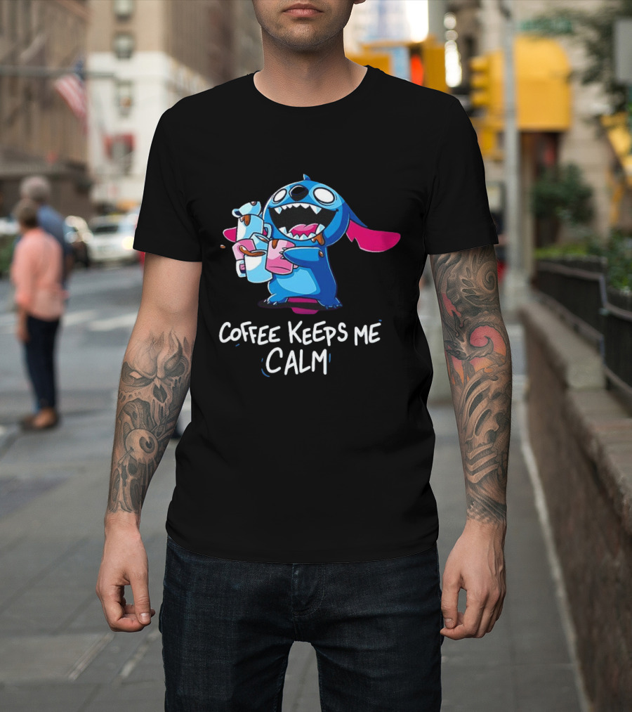 Stitch Coffee Keeps Me Calm Cute Character Drinking Coffee T-Shirt