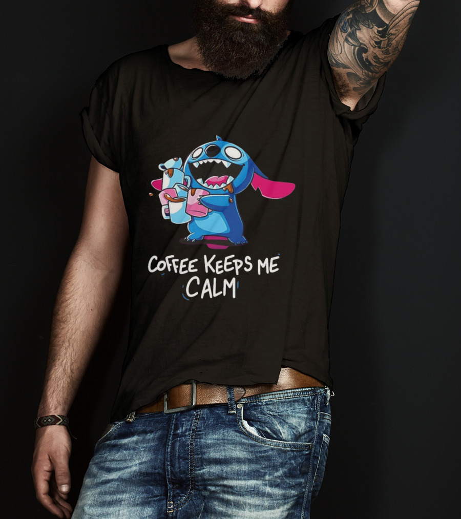 Stitch Coffee Keeps Me Calm Cute Character Drinking Coffee T-Shirt