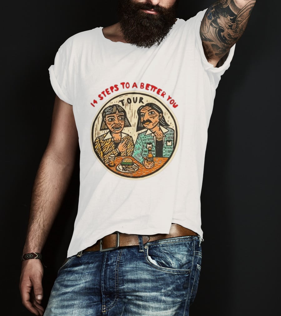 14 Steps To A Better You Tour Oval Illustration With Two Seated Individuals T-Shirt