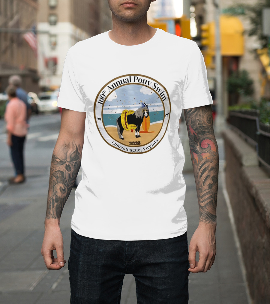 100th Annual Pony Swim Chincoteague Virginia 2025 Beach Scene With Pony And Surfboard T-Shirt