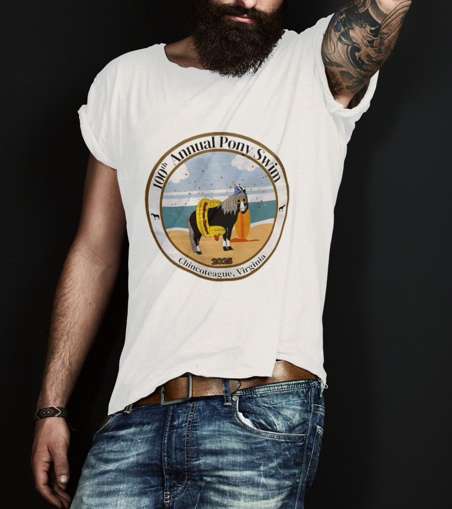 100th Annual Pony Swim Chincoteague Virginia 2025 Beach Scene With Pony And Surfboard T-Shirt