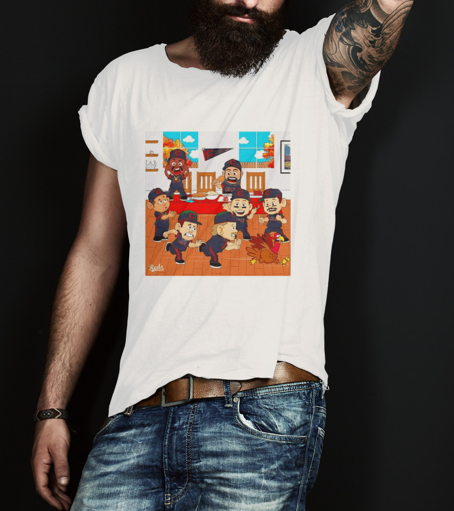 Cincinnati Reds Thanksgiving Chaos Cartoon Scene With Characters And Turkey T-Shirt