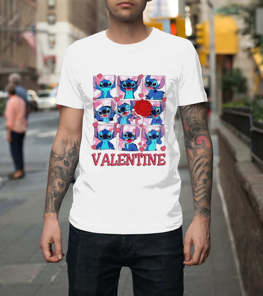 Disney Stitch Rose Flowers Valentine Love Hearts Happy Day T-Shirt