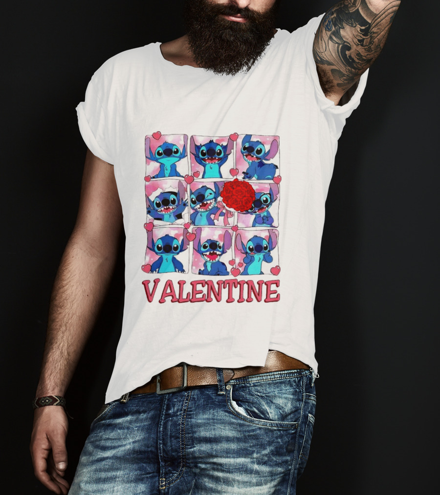 Disney Stitch Rose Flowers Valentine Love Hearts Happy Day T-Shirt