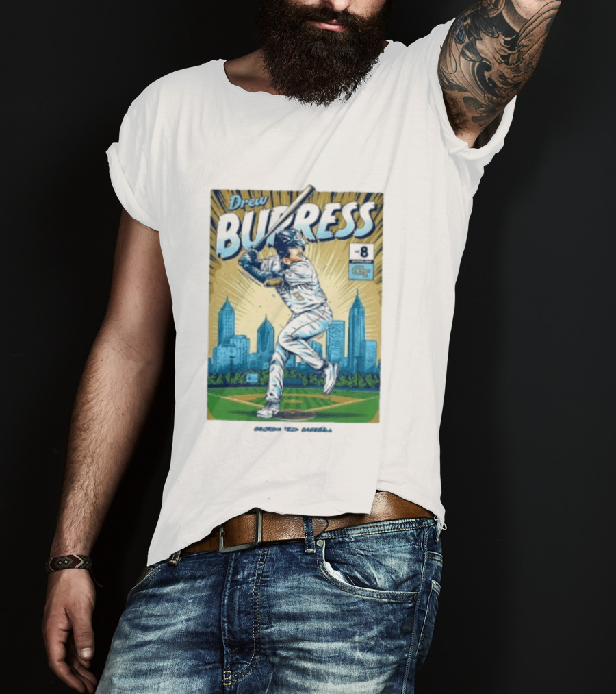 Drew Burress #8 Georgia Tech Baseball Comic Style Retro Cityscape T-Shirt