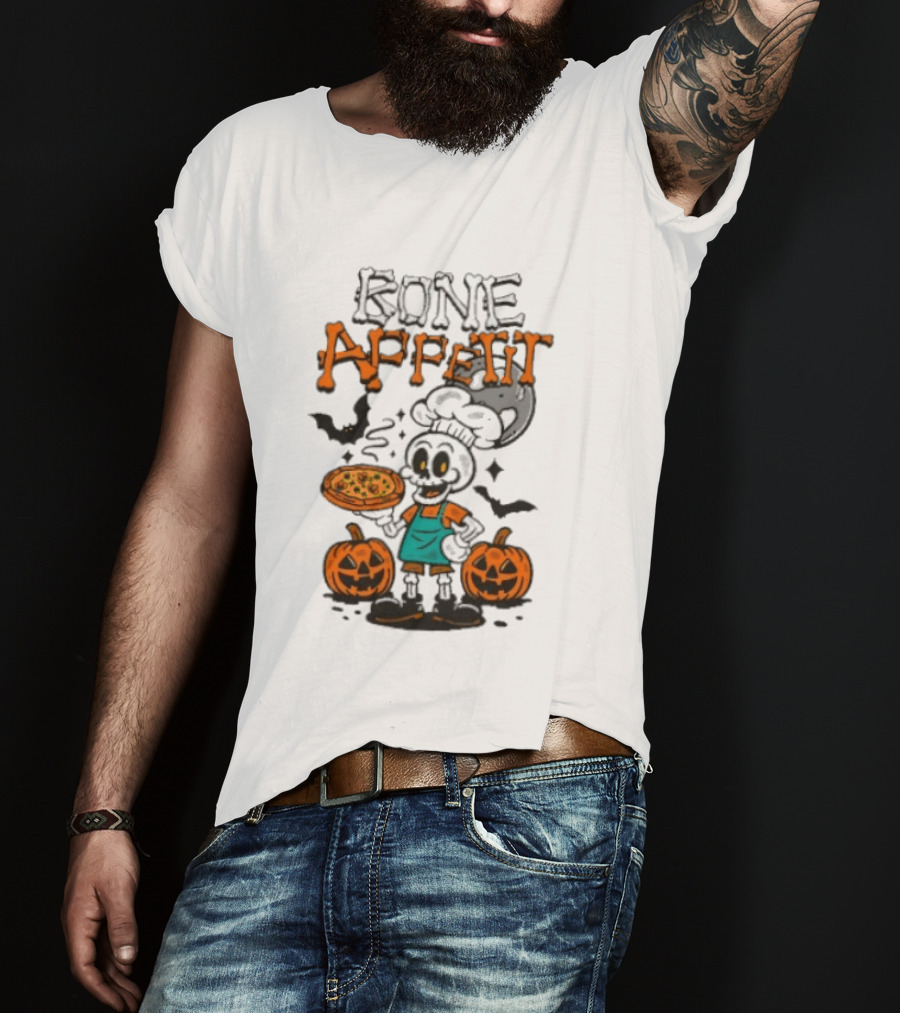 Bone Appetit Skeleton Chef Halloween Pizza Pumpkin Bats T-Shirt