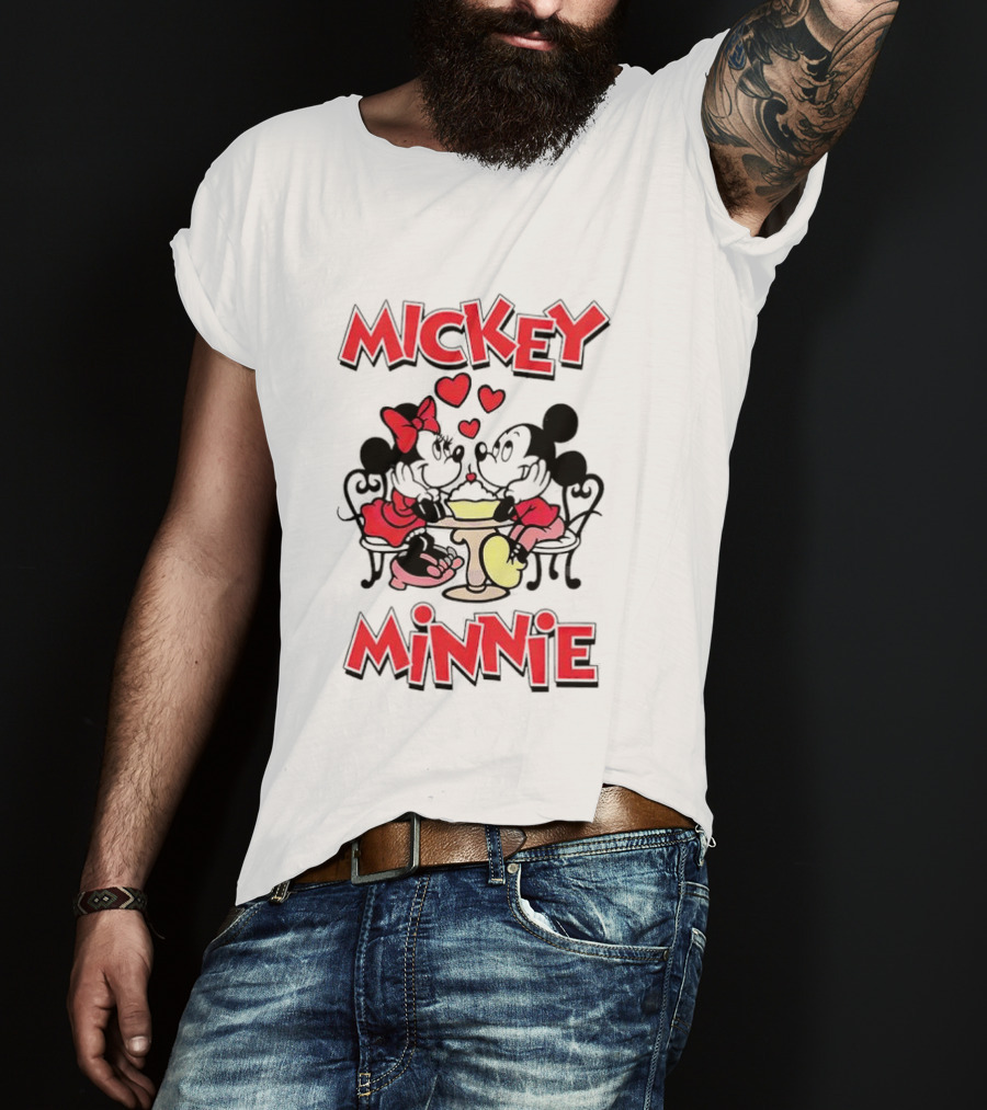 Mickey Minnie Romantic Valentine's Day Hearts And Cafe Scene T-Shirt