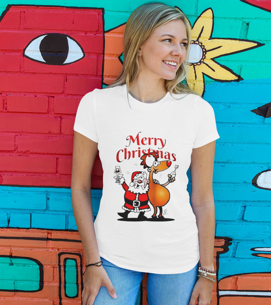 Merry Christmas Santa Claus And Reindeer Toast With Drinks T-Shirt