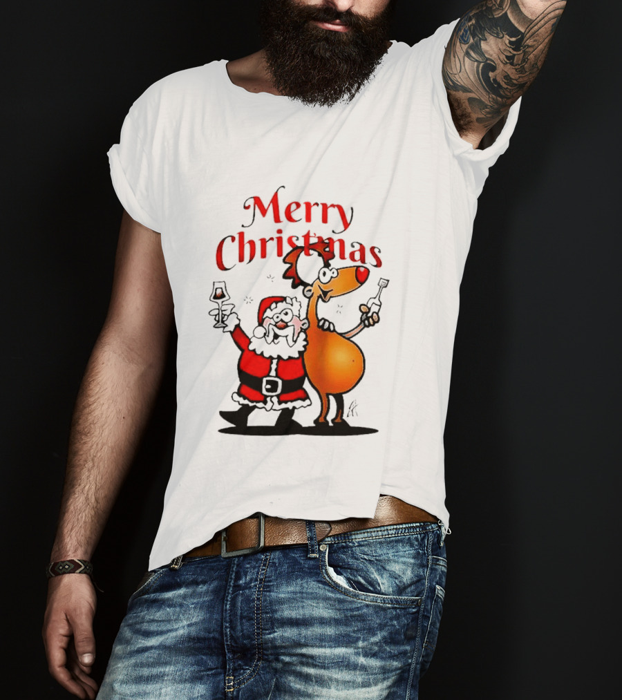 Merry Christmas Santa Claus And Reindeer Toast With Drinks T-Shirt