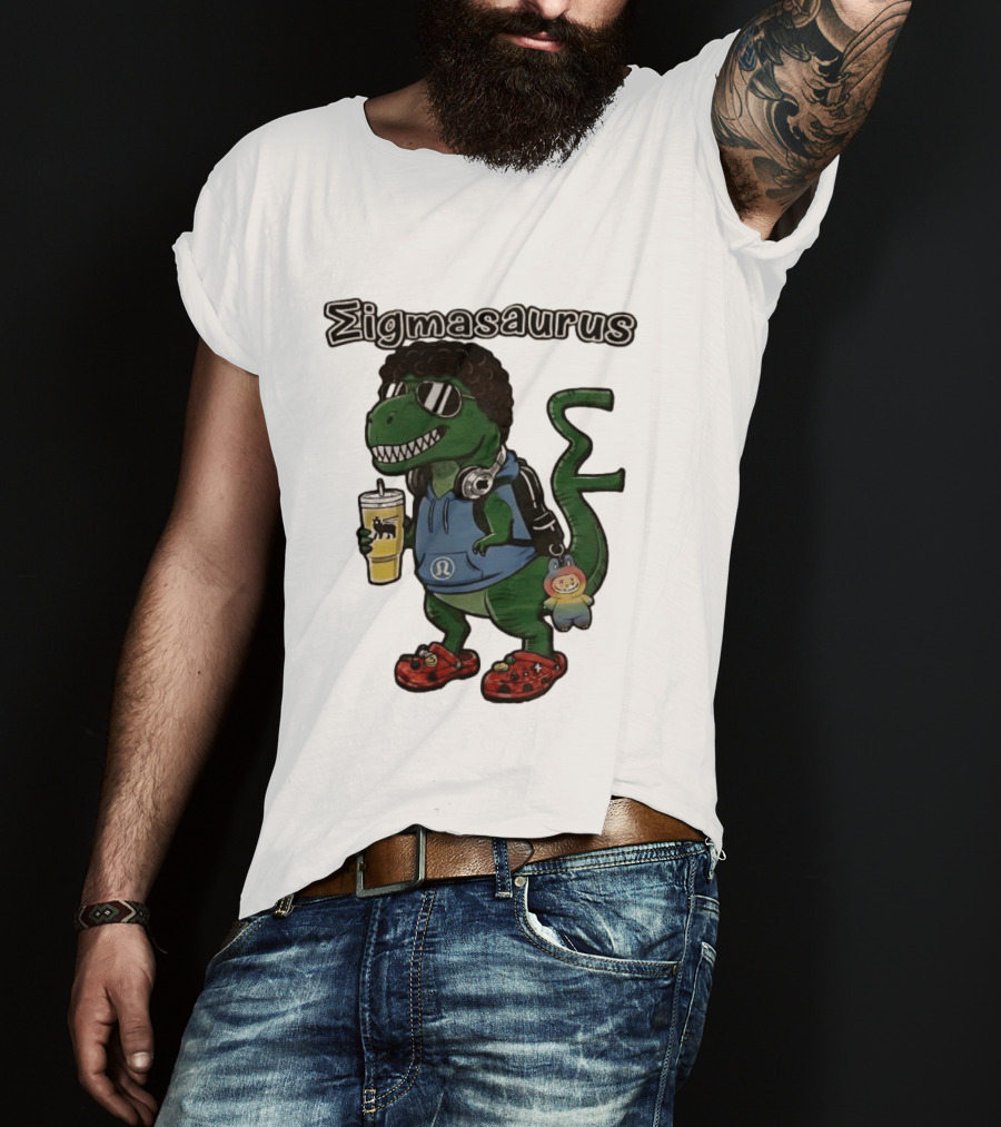 Sigmasaurus Rex Dinosaur Meme With Afro Sunglasses Headphones And Drink T-Shirt