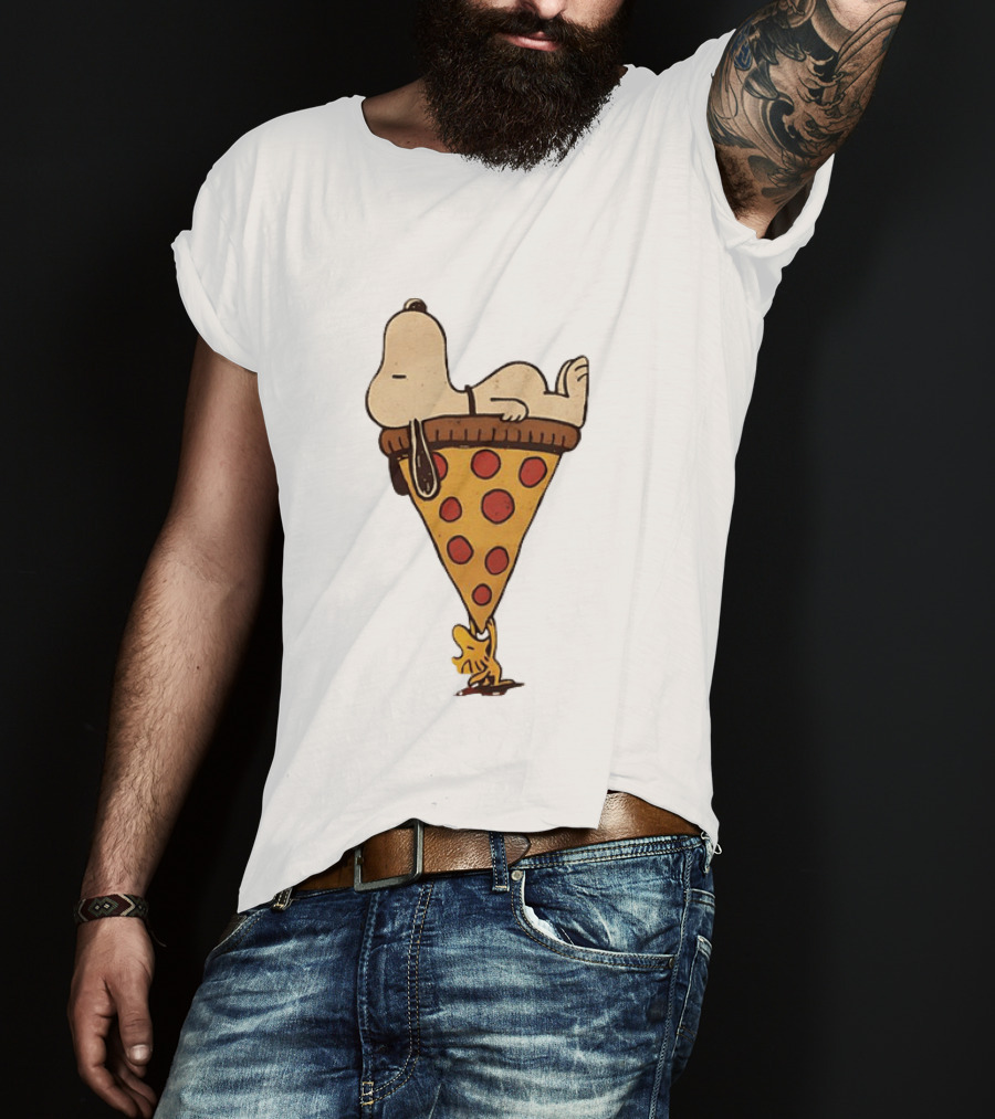 Snoopy Relaxing On Giant Pizza Slice With Woodstock Peanuts Collection T-Shirt