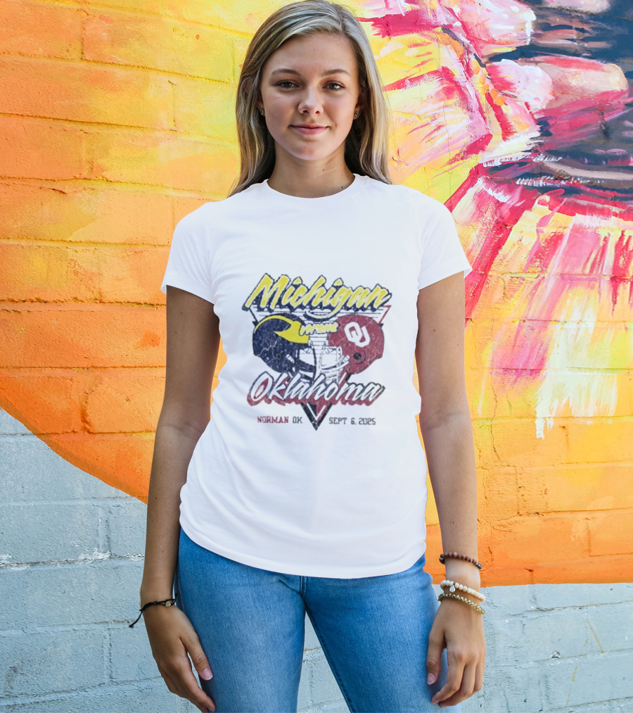 Oklahoma Sooners Vs Michigan Wolverines Football Helmet Norman OK September 6 2025 T-Shirt
