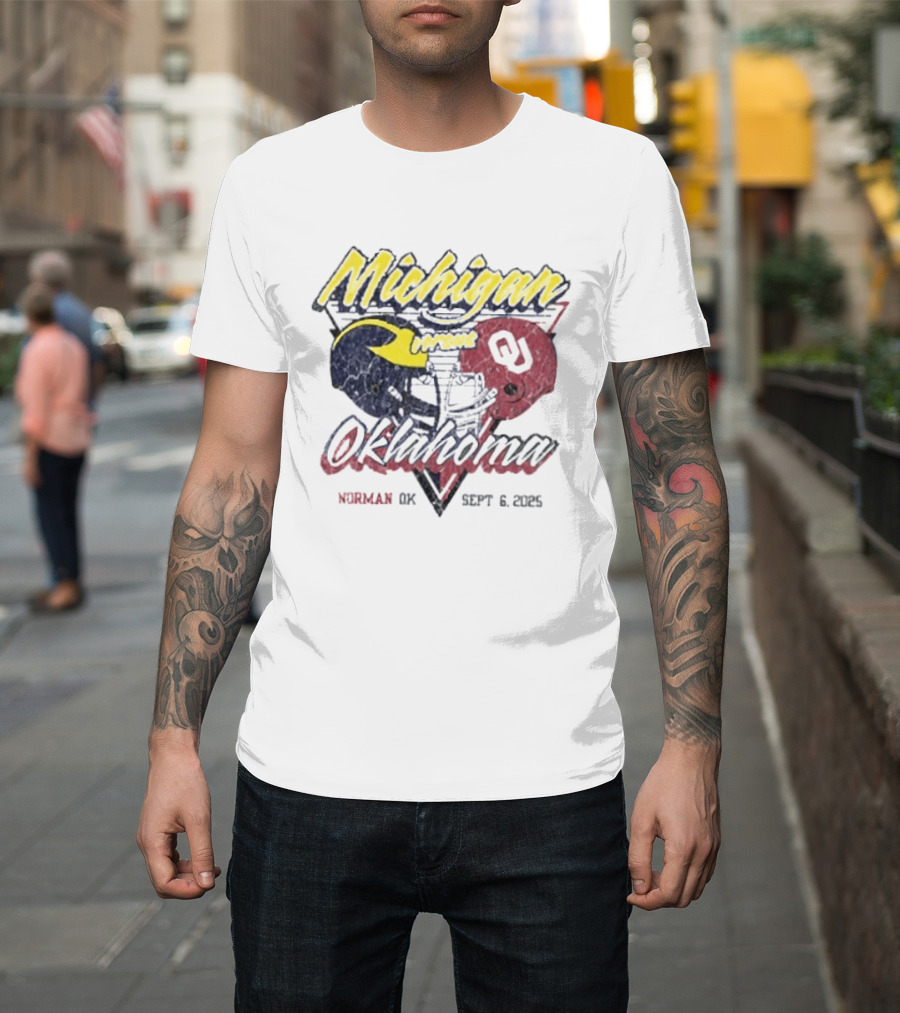 Oklahoma Sooners Vs Michigan Wolverines Football Helmet Norman OK September 6 2025 T-Shirt