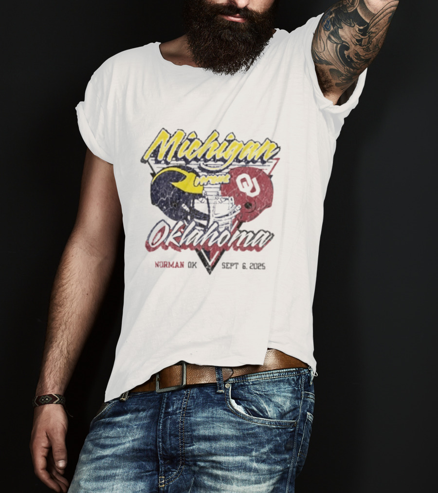 Oklahoma Sooners Vs Michigan Wolverines Football Helmet Norman OK September 6 2025 T-Shirt