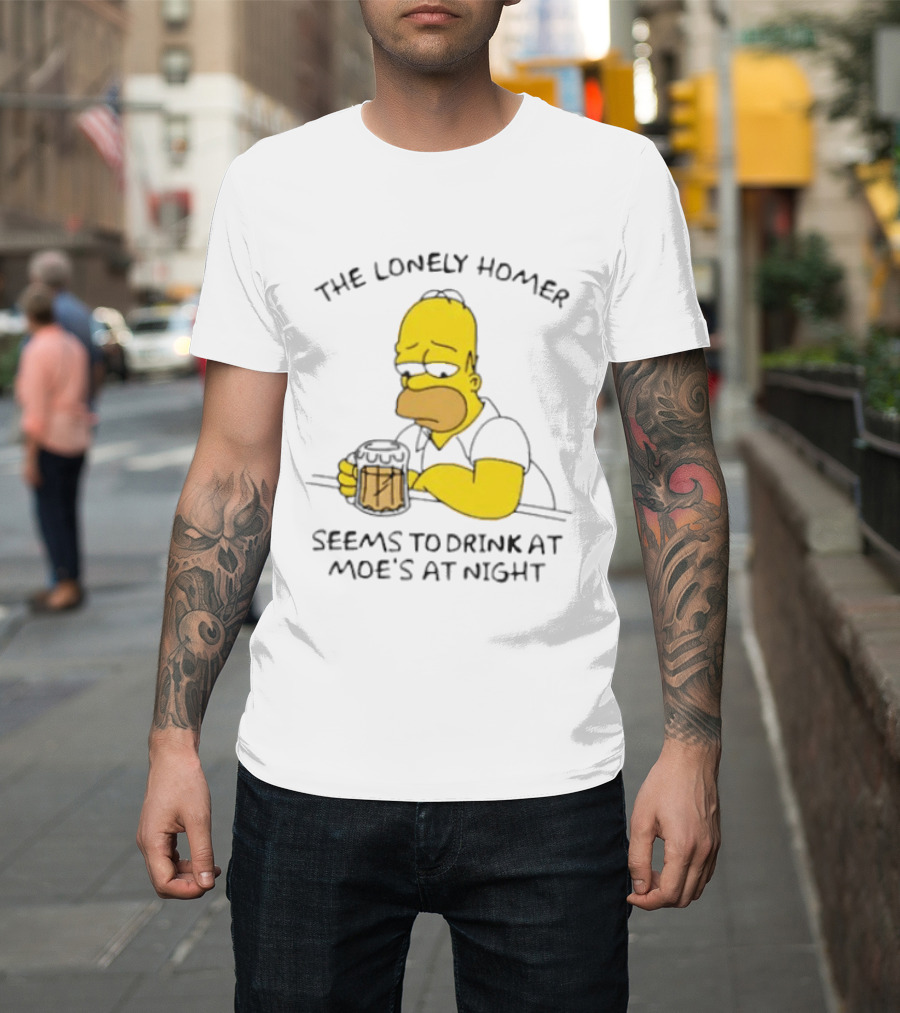 The Lonely Homer Drinking At Moe's Tavern Mood Nighttime Scene T-Shirt