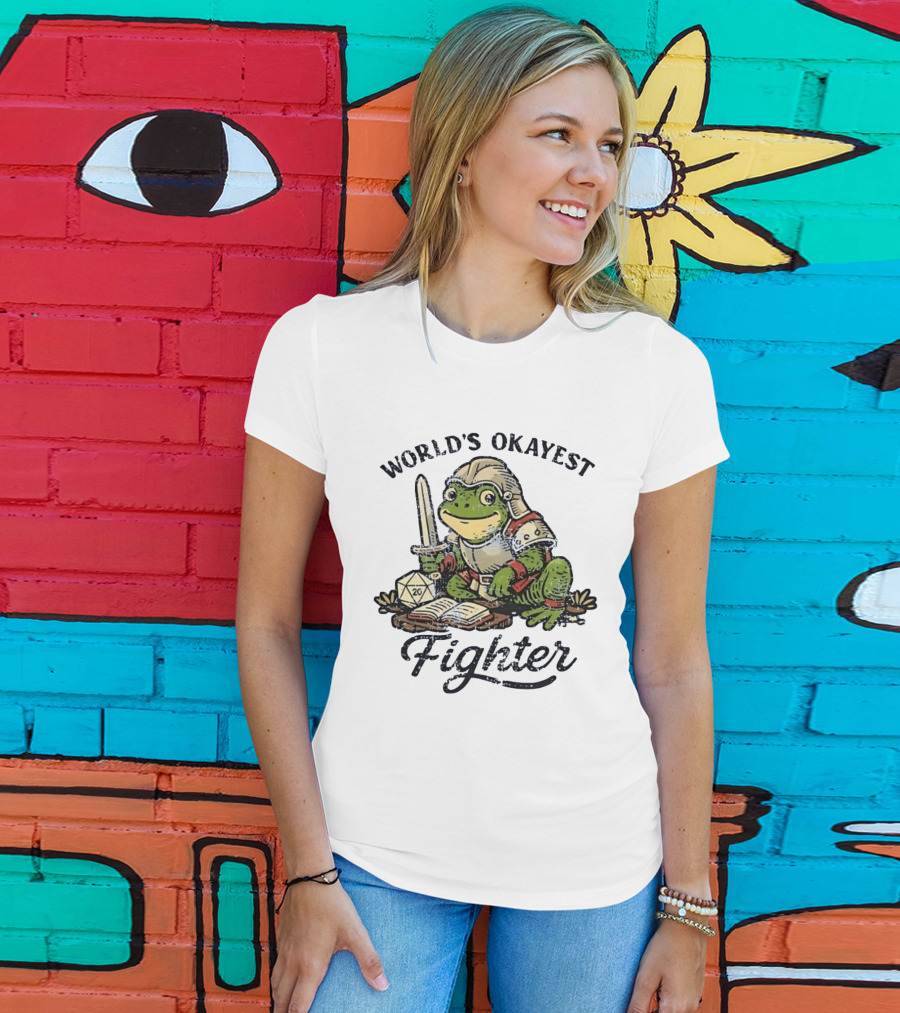 World's Okayest Fighter Frog In Armor With D20 Dice And Sword T-Shirt