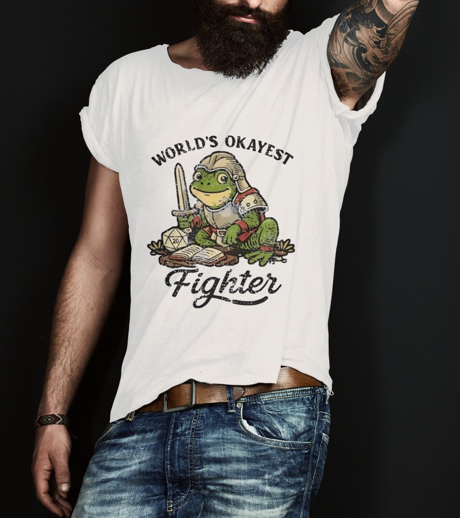 World's Okayest Fighter Frog In Armor With D20 Dice And Sword T-Shirt