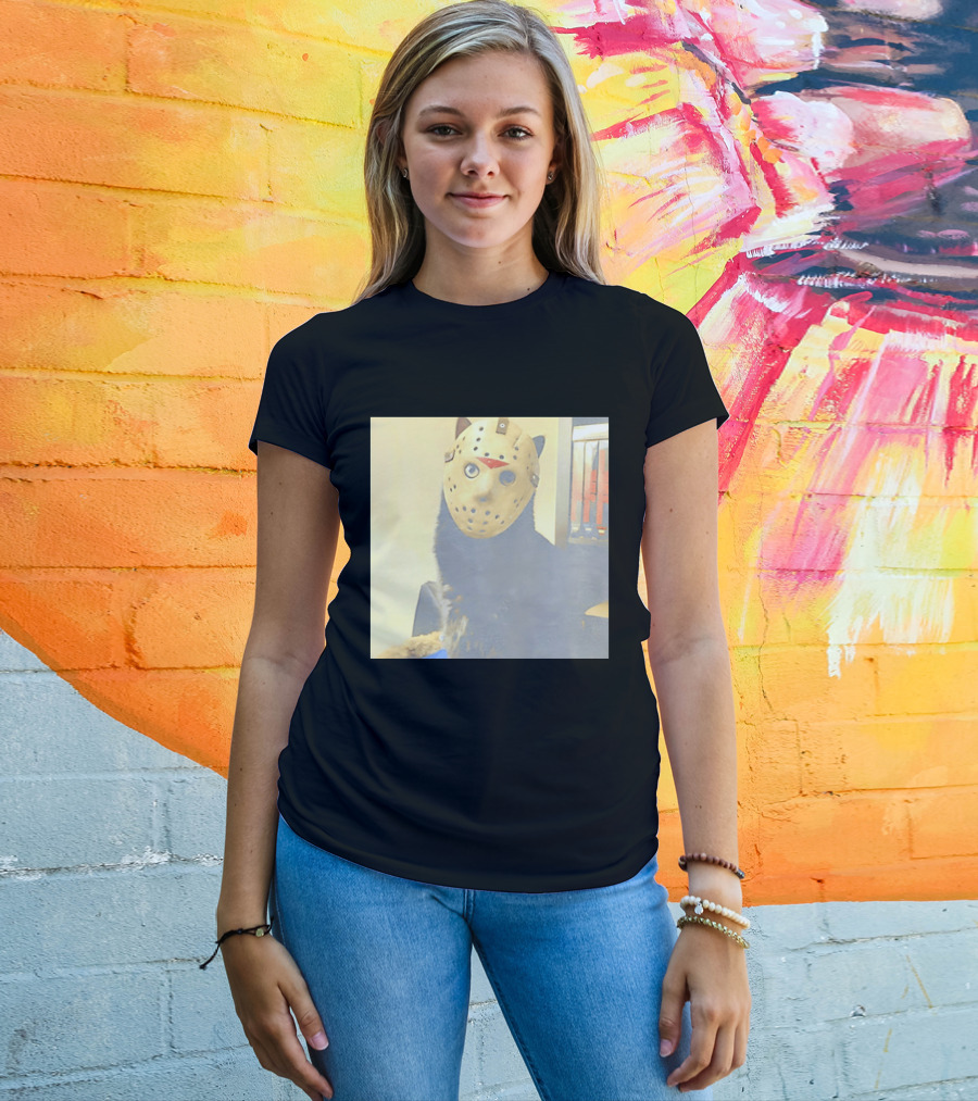 Black Cat In Horror Movie Jason Voorhees Mask T-Shirt