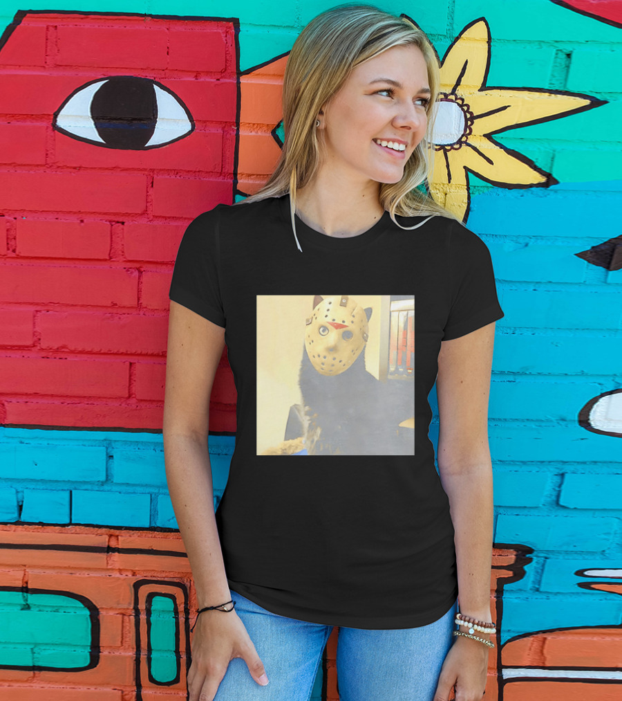 Black Cat In Horror Movie Jason Voorhees Mask T-Shirt